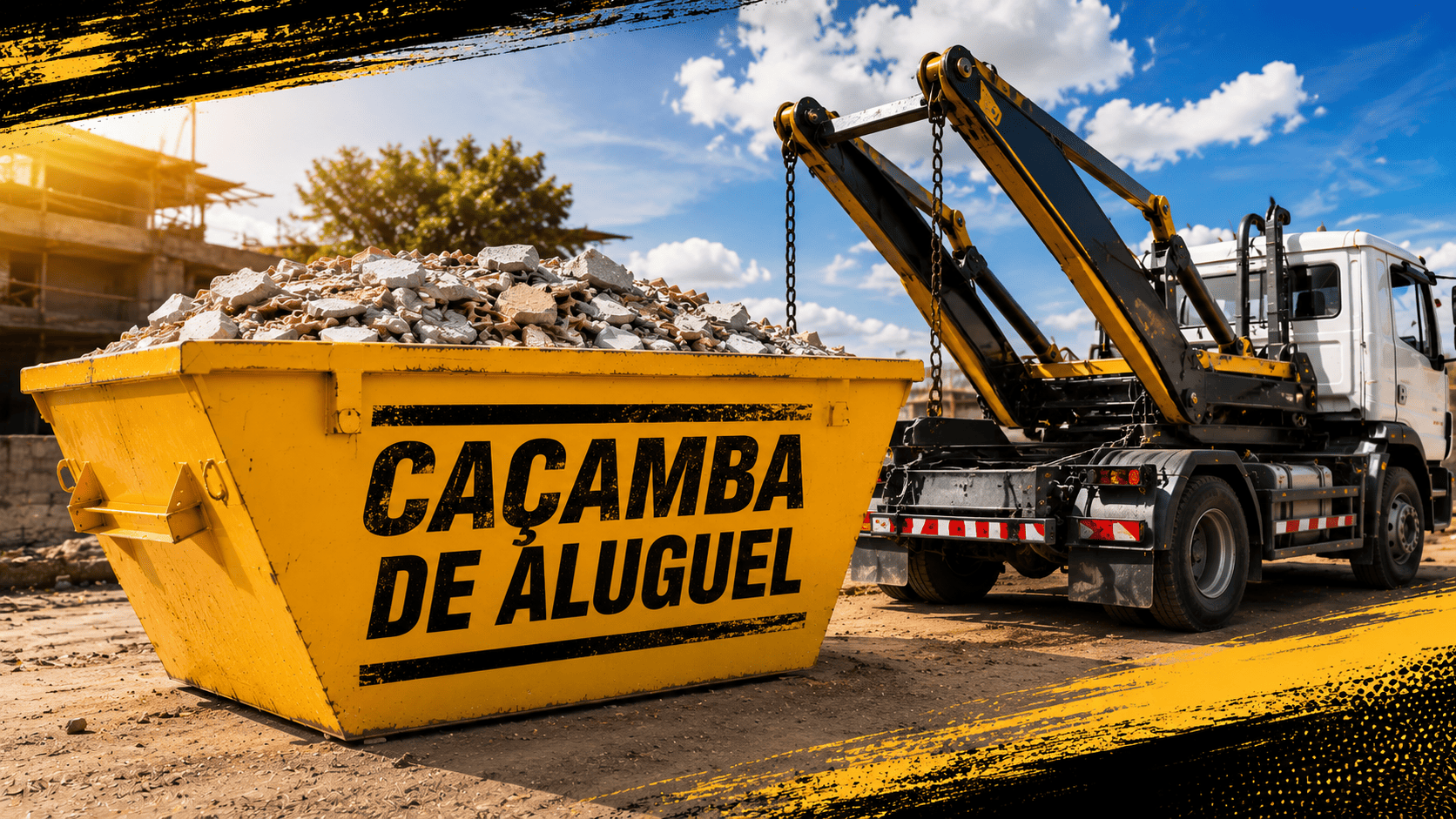 Caminhão poliguindaste realizando a entrega de caçamba de aluguel com melhor preço em Piracicaba.