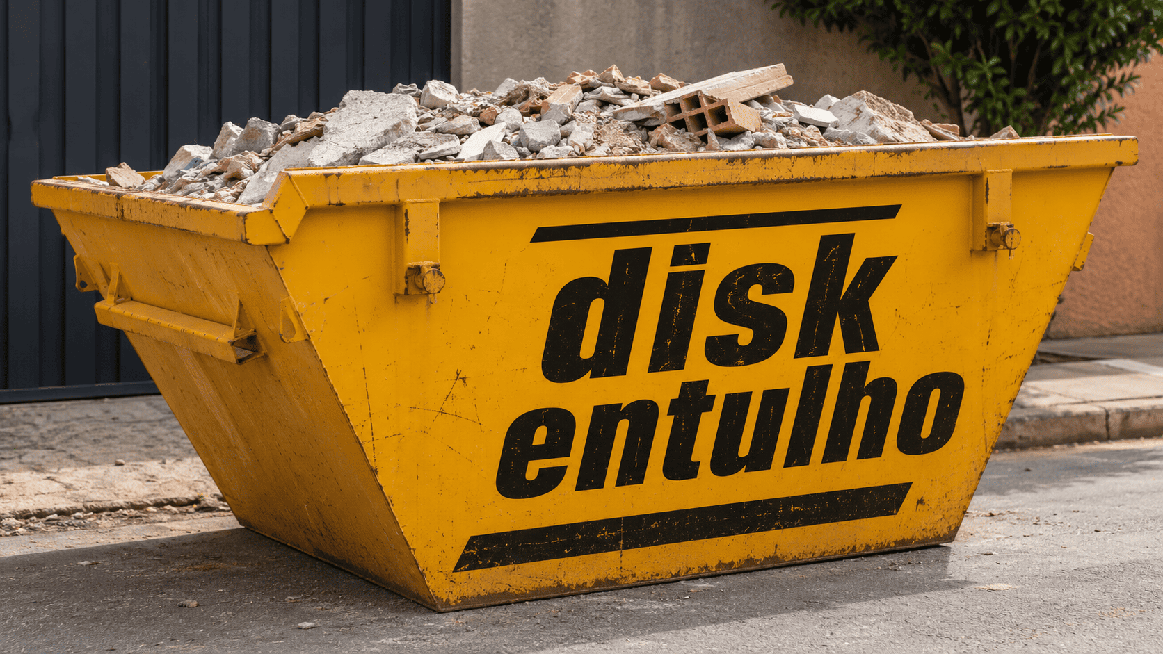 Caçamba disk entulho descarregando caçamba rápida em rua de Piracicaba