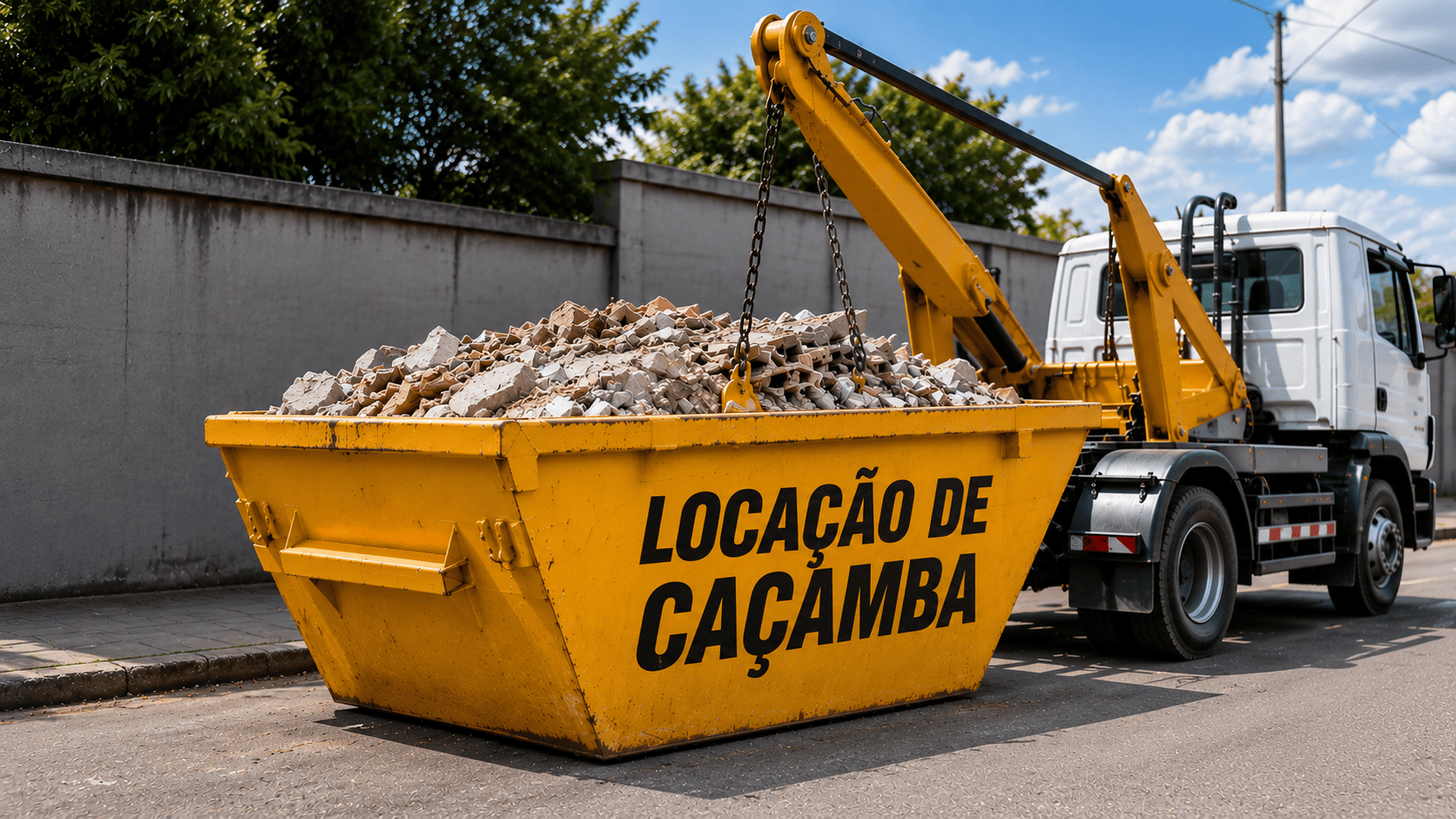 Caminhão pesado realizando descarregamento de contêiner industrial em Piracicaba